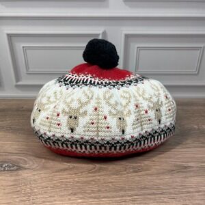 Tahari Knit Beret Beanie Hat Kids One Size Red Cream Reindeer Fair Isle